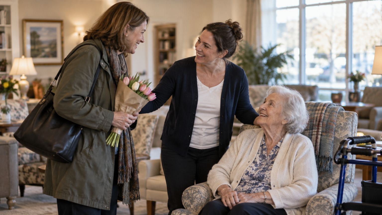 A caregiver welcomes a daughter arriving with tulips while her mother smiles up from an armchair.