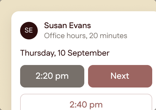 Booking a time with Susan Evans, 2:20 pm selected.