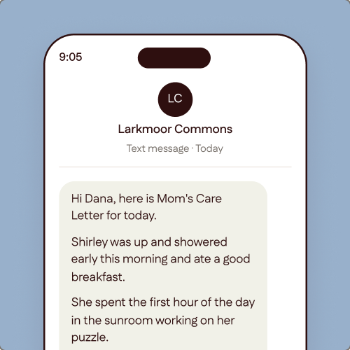 A Care Letter arriving by text message from Larkmoor Commons.
